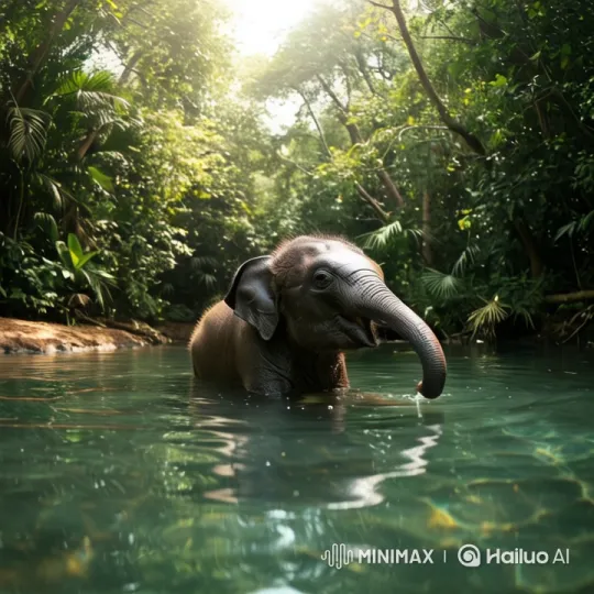 Young Elephant Enjoying a Tranquil Waterhole – AI Generated Video | Hailuo AI