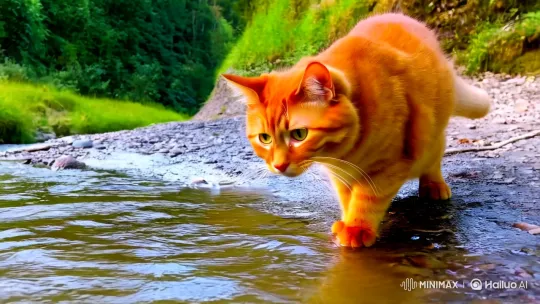 Vibrant Red Cat Catches Fish by Water's Edge – AI Generated Video | Hailuo AI