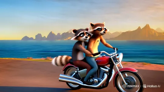 Raccoon Duo's Seaside Motorcycle Adventure – AI Generated Video | Hailuo AI