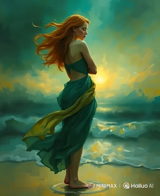 Serene Beach Walk: Woman in Green Dress Captured – AI Generated Video | Hailuo AI