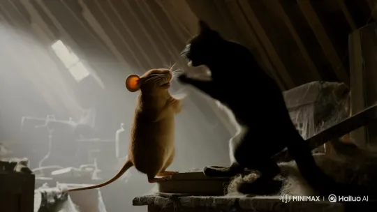 Dynamic Struggle Between Cat and Mouse in Dusty Attic – AI Generated Video | Hailuo AI