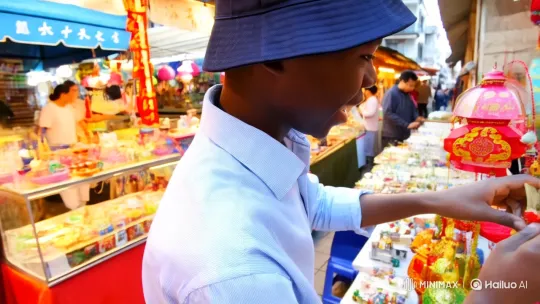 Young Man Enjoys Cultural Exchange in Chinese Marketplace – AI Generated Video | Hailuo AI