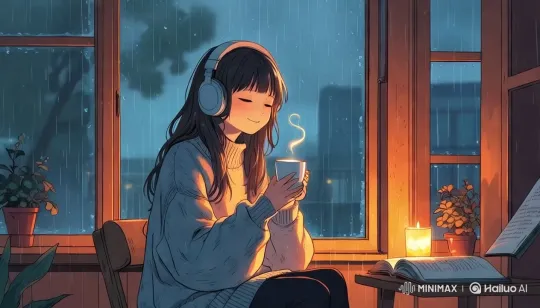 Cozy Indoor Scene with Girl Enjoying Tea Amidst Storm – AI Generated Video | Hailuo AI