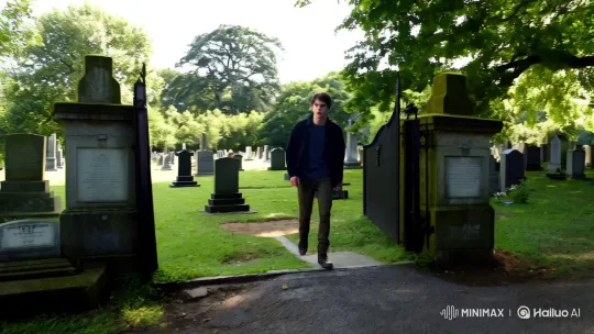 Young Man Leaves Cemetery with Determination – AI Generated Video | Hailuo AI