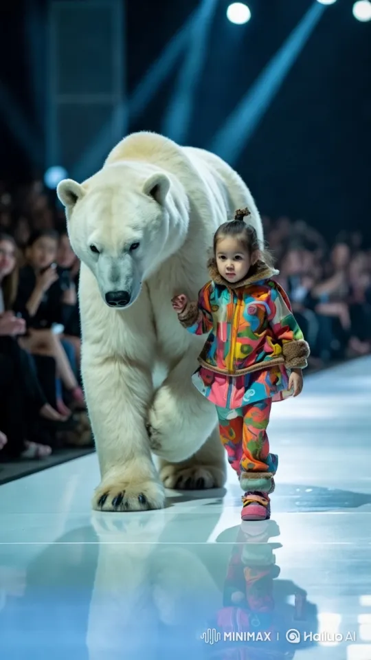 Toddler and Polar Bear Grace Catwalk in Colorful Fashion Show – AI Generated Video | Hailuo AI