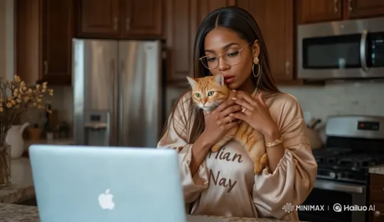 Woman Prepares for Trip with Cat in Elegant Kitchen – AI Generated Video | Hailuo AI