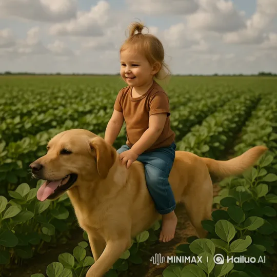 Baby Rides Joyfully on Golden Retriever in Pastoral Setting – AI Generated Video | Hailuo AI