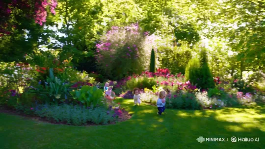 Sunlit Garden Chase: Babies and Kitten's Joyful Play – AI Generated Video | Hailuo AI