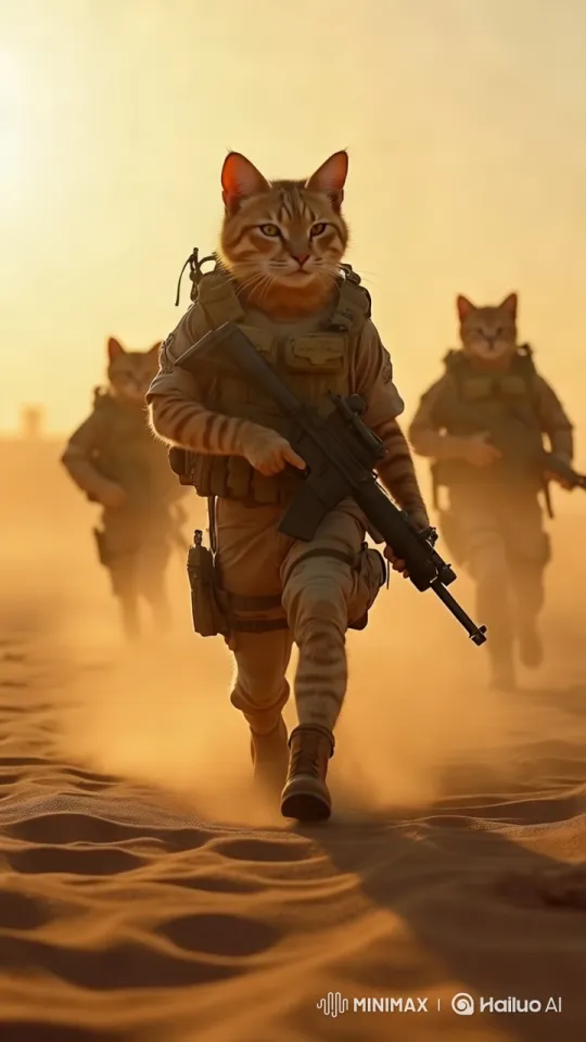 Anthropomorphic Cats March Through Desert at Sunset – AI Generated Video | Hailuo AI