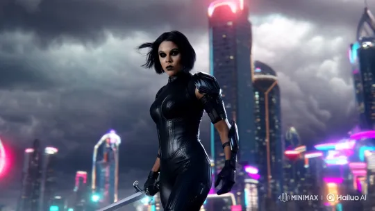 Female Warrior in Futuristic Sci-Fi Cityscape – AI Generated Video | Hailuo AI
