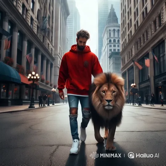 Young Man Walks City Street with Lion – AI Generated Video | Hailuo AI