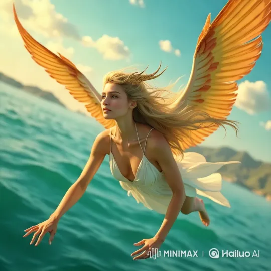 Golden-Winged Woman Glides Over Enchanting Landscape – AI Generated Video | Hailuo AI