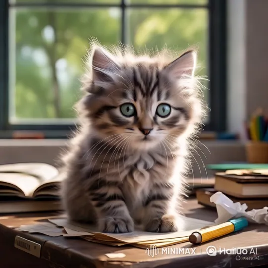Aesthetic Close-up of a Curious Kitten on a Sunlit Desk – AI Generated Video | Hailuo AI