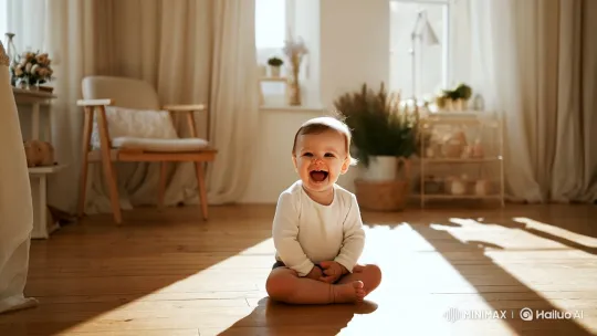 Radiant Baby in Serene, Sunlit Room with Joyful Laughter – AI Generated Video | Hailuo AI