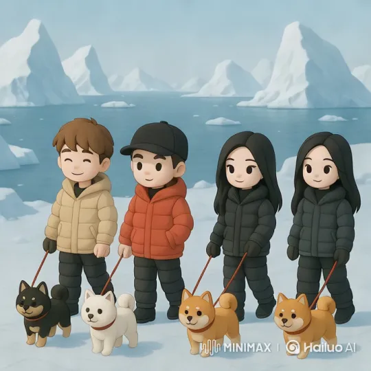 Group Walks Shiba Inus Amidst Icebergs and Wildlife – AI Generated Video | Hailuo AI