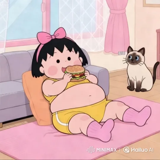 Chubby Girl and Cat Enjoy Burger in Cozy Room – AI Generated Video | Hailuo AI