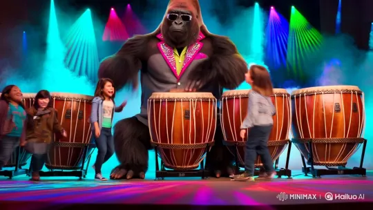 Gorilla Drummer Enchants Family in Colorful, Mystical Setting – AI Generated Video | Hailuo AI