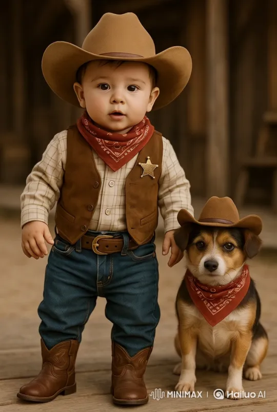 Cowboy Child and Dog Stroll Through Rustic Avenue – AI Generated Video | Hailuo AI