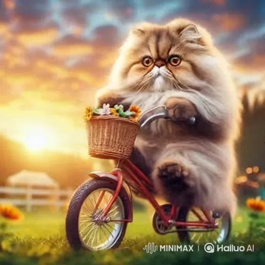 Fluffy Cat Rides Bicycle in Enchanted Meadow at Sunset – AI Generated Video | Hailuo AI