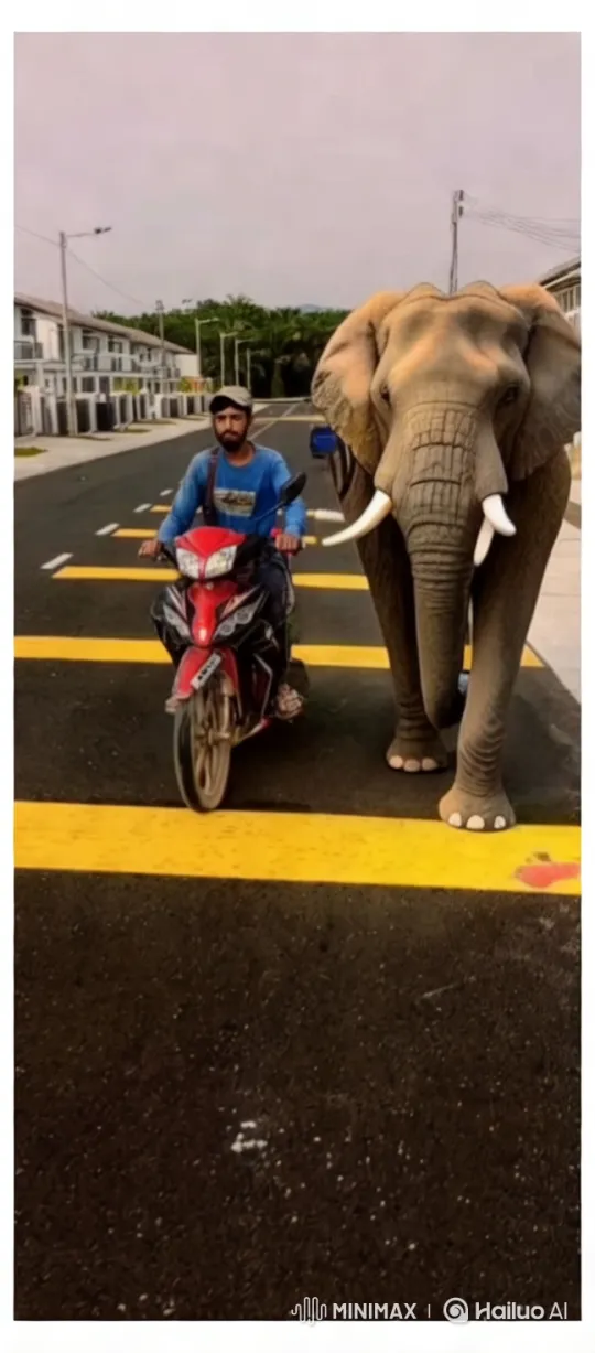 Man Rides Motorcycle with Elephant Alongside in Modern Town – AI Generated Video | Hailuo AI