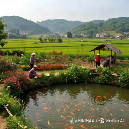 Rural Serenity: Gardening and Koi Pond in Lush Landscape – AI Generated Video | Hailuo AI