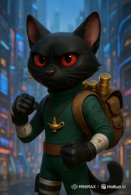 Futuristic Cat Ready for Battle in Vibrant Cityscape – AI Generated Video | Hailuo AI
