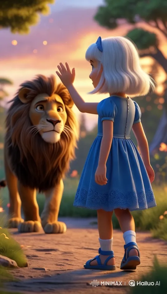 Alice Bids Farewell to the Magic Lion in Pixar 3D Style – AI Generated Video | Hailuo AI