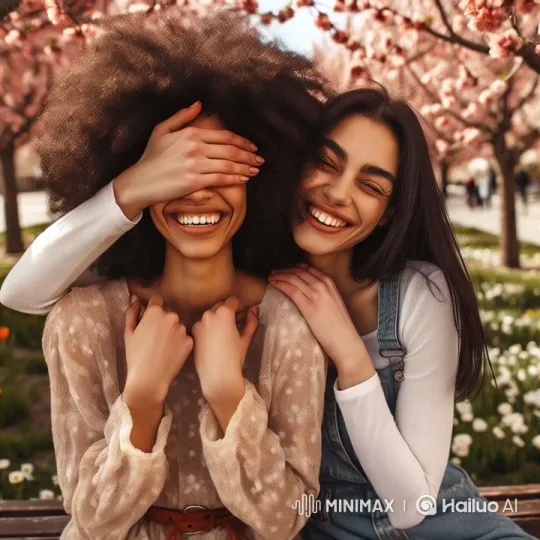 Joyful Surprise Between Friends in a Blossoming Park – AI Generated Video | Hailuo AI