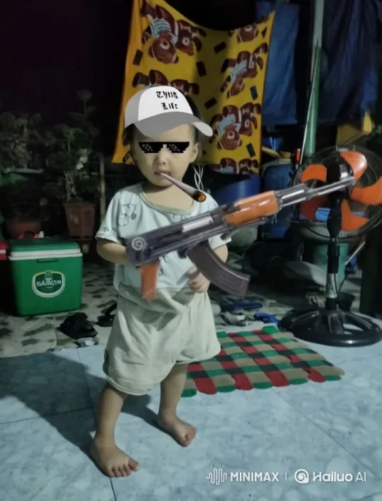Child with Toy Gun in Playful Indoor Setting – AI Generated Video | Hailuo AI