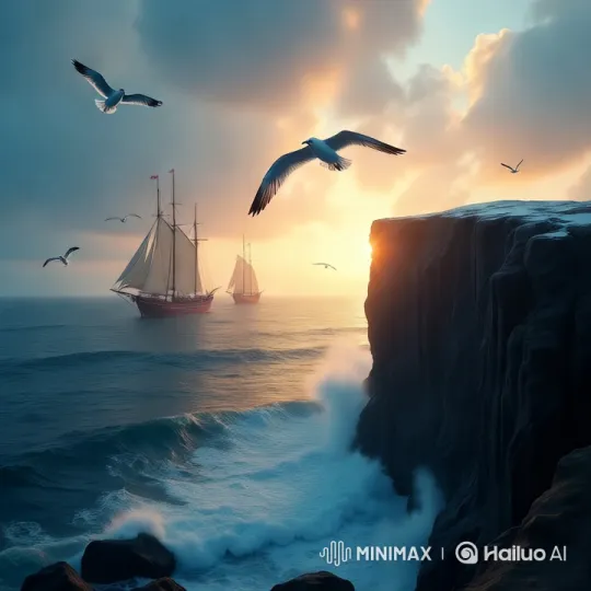 Spectacular Sunset Seascape with Sailing Ships and Seagulls – AI Generated Video | Hailuo AI
