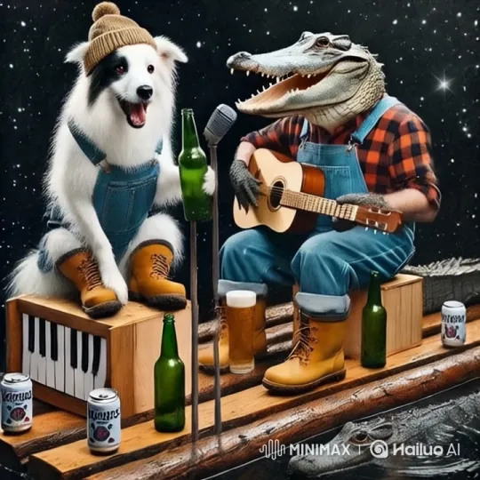 Lumberjack Duo: Animated Dog and Alligator Perform Under Starry Sky – AI Generated Video | Hailuo AI