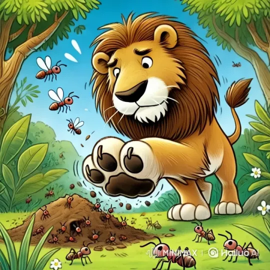 Lion Disturbs Ant Nest, Chaos Ensues in Lush Forest – AI Generated Video | Hailuo AI