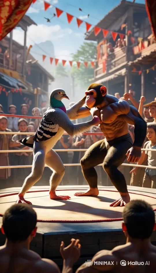 Anthropomorphic Pigeon vs. Chimp in Animated Boxing Match – AI Generated Video | Hailuo AI
