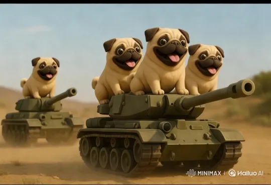 Adorable Pugs Joyride on Tanks in Desert – AI Generated Video | Hailuo AI