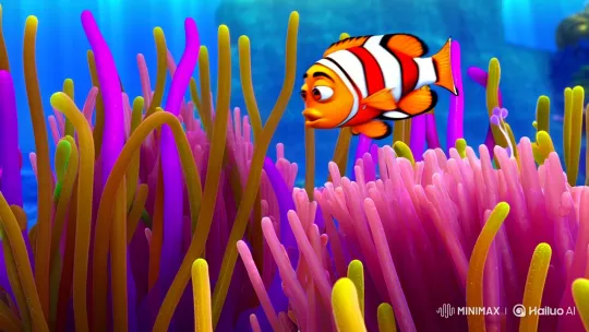 Joyful Clownfish Explores Vibrant Underwater Anemone Garden – AI Generated Video | Hailuo AI