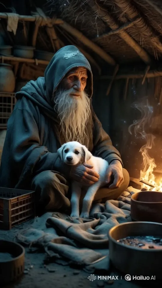 Cozy Hut: Old Man and Puppy Warm Up by the Fire – AI Generated Video | Hailuo AI