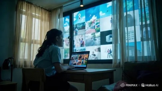 Focused Girl Engages with Digital Art in Sunlit Room – AI Generated Video | Hailuo AI