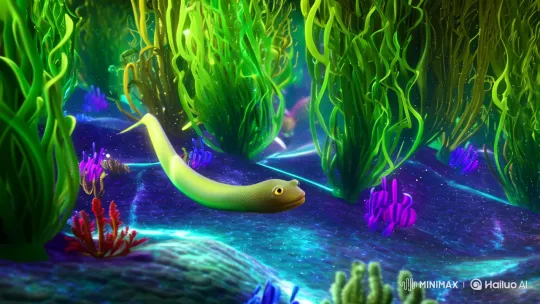 Magical Underwater Eel Dance in Vibrant Seaweed Canopy – AI Generated Video | Hailuo AI