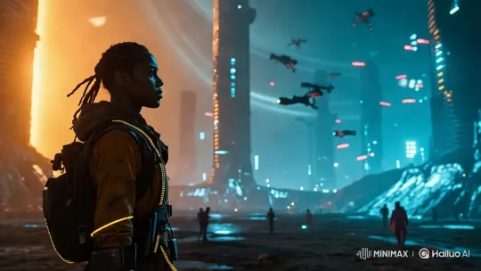 Futuristic Cityscape with Dynamic Character Interaction – AI Generated Video | Hailuo AI
