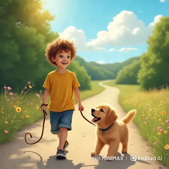 Boy, Puppy, and Cat Wander Through Pastoral Meadow – AI Generated Video | Hailuo AI