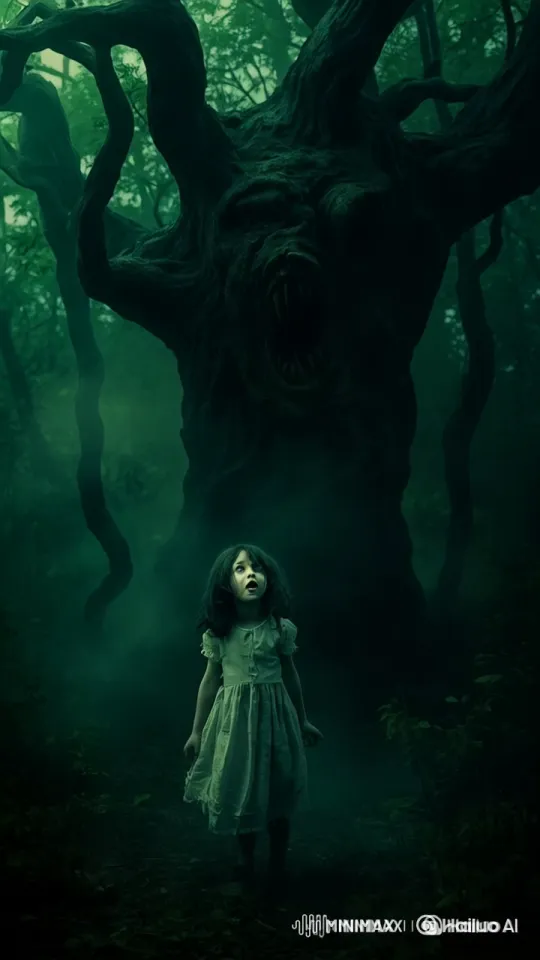 Eerie Forest: Girl Faces Grotesque Tree in Fog – AI Generated Video | Hailuo AI