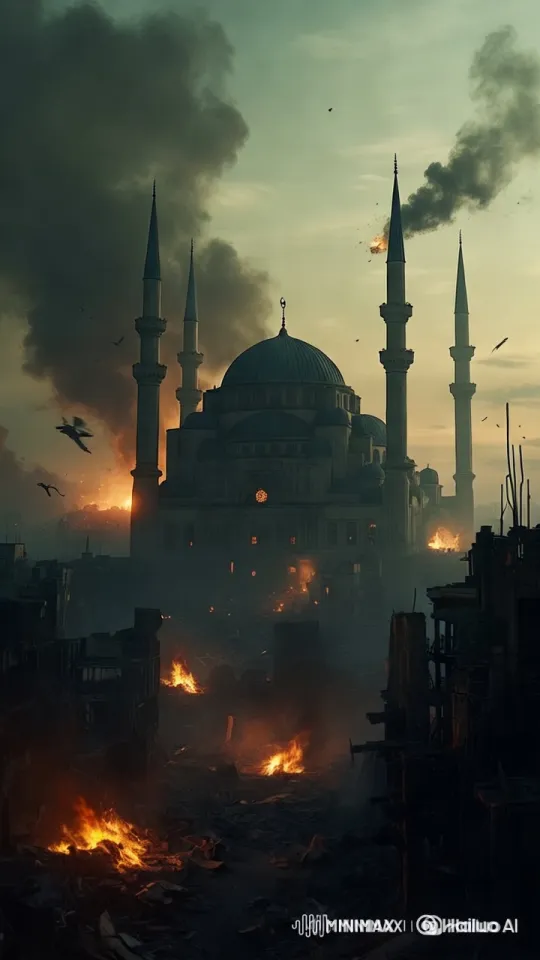 Dramatic Contrast: Resilient Mosque Amidst Destruction – AI Generated Video | Hailuo AI