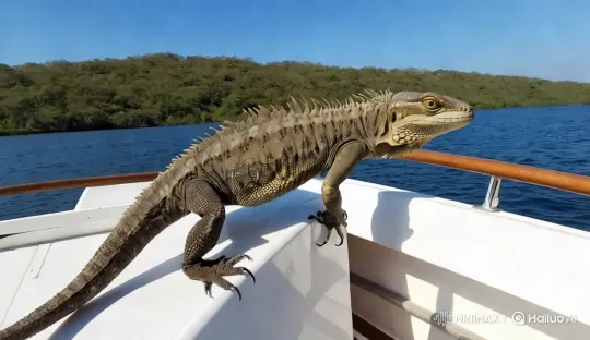 Big Lizard Leaps Onto Boat, Captured by Dynamic Camera – AI Generated Video | Hailuo AI