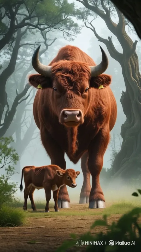 Red Bull Emerges in Serene Forest, Stares Down Calf and Mother – AI Generated Video | Hailuo AI