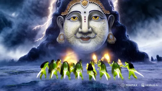Miniature Beings Craft Lord Rama's Face in Stormy Sky – AI Generated Video | Hailuo AI