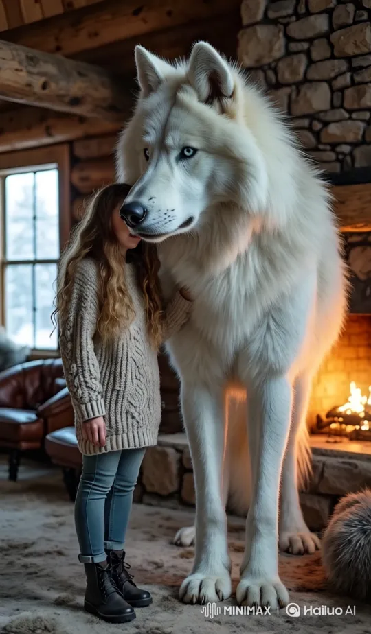 Large White Dog Nuzzles Owner in Cozy Cabin – AI Generated Video | Hailuo AI