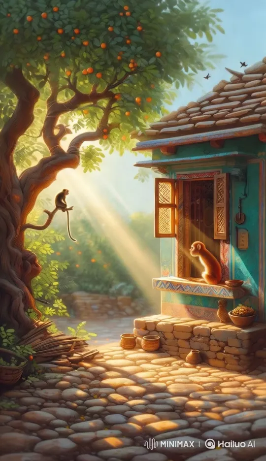 Monkey Peeks into Peaceful Indian Home at Dawn – AI Generated Video | Hailuo AI