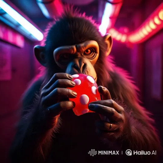 Monkey Invites Viewer to Smell Red Mushroom in Neon Room – AI Generated Video | Hailuo AI