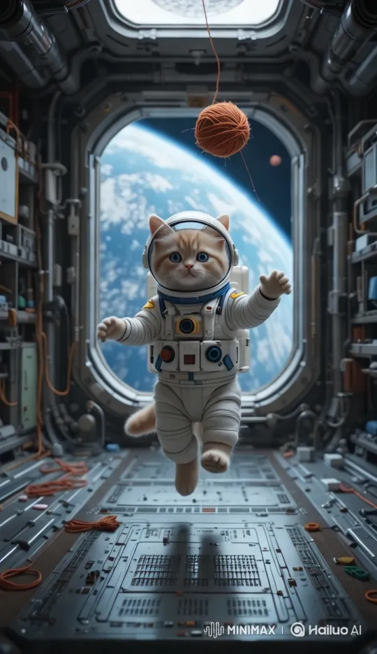 Playful Cat in Space Chases Yarn in Zero Gravity – AI Generated Video | Hailuo AI