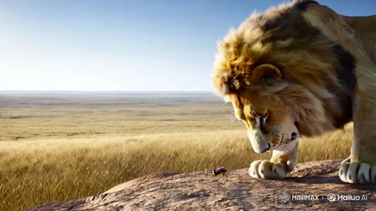 Lion Gently Awakens Ant in Golden Savanna – AI Generated Video | Hailuo AI